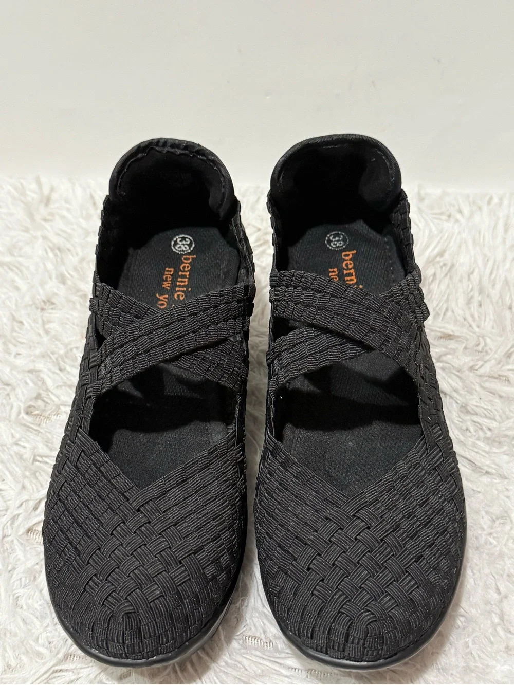 bernie mev. Black Woven Elastic Wedge Sandals Size 38 US7.5